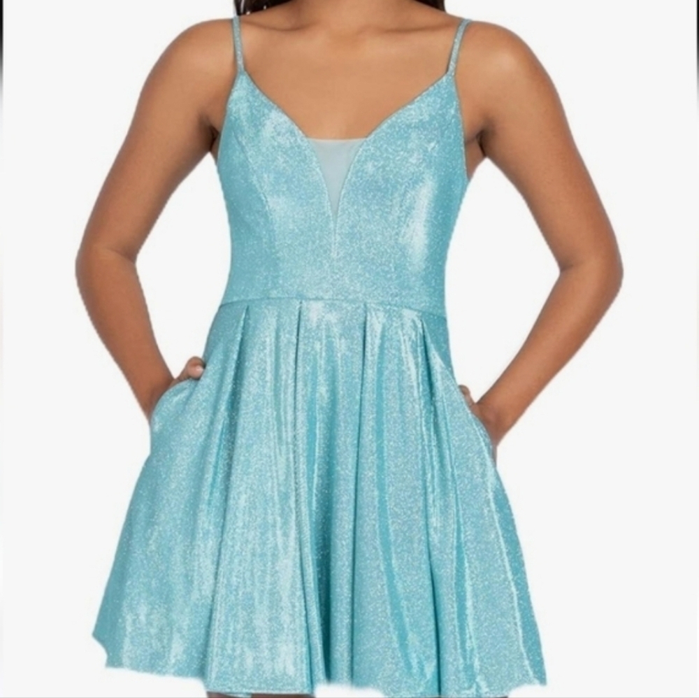 B. Darlin Turquoise Glitter Mesh Showgirl Dress 1/2
